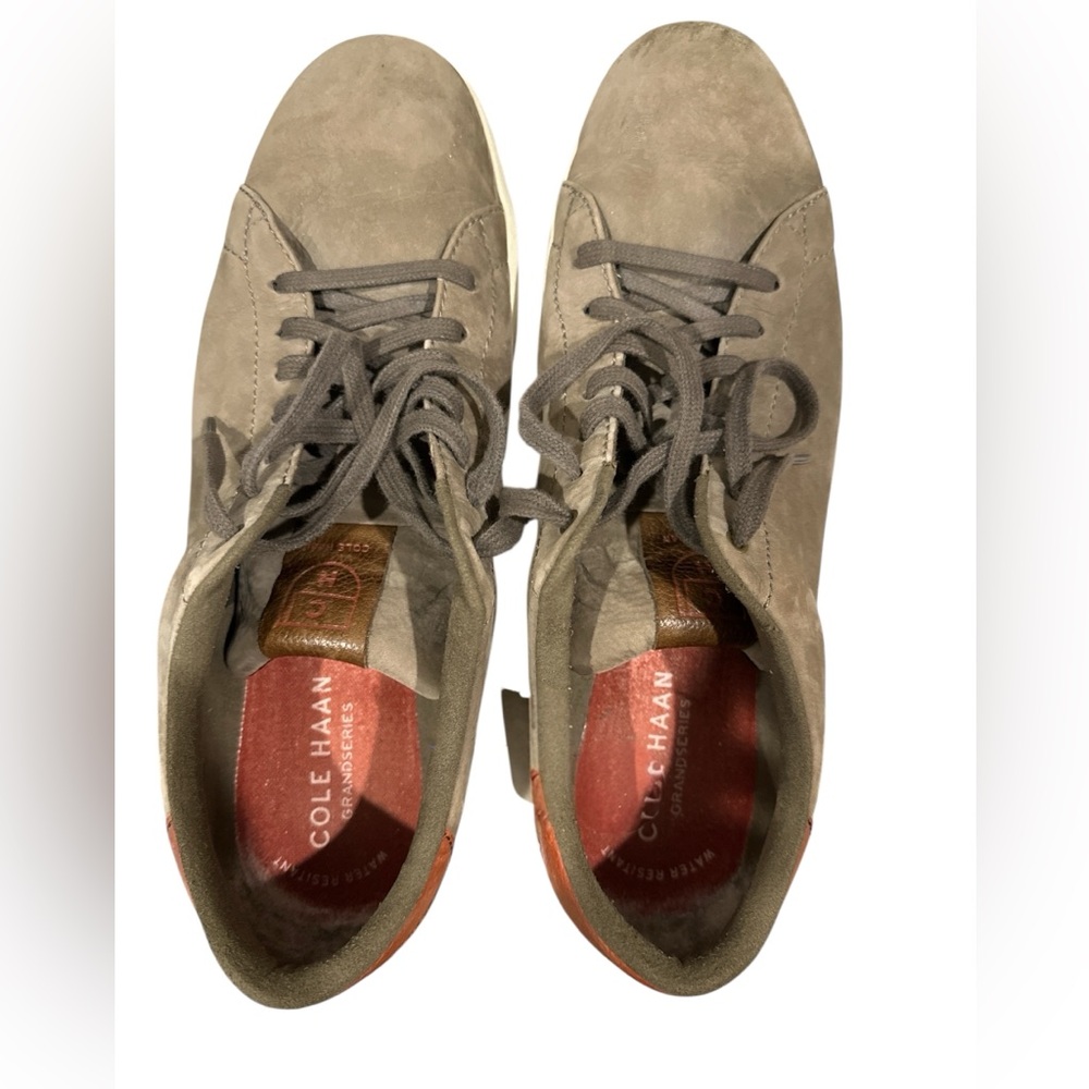 Cole Haan Taupe Suede Lace-Up Sneakers with Red Insole Accent
